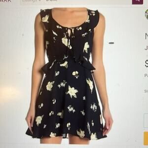 J.O.A Anthropologie Navy Blue Floral Ruffle Mini Sleeveless Dress Women's Medium